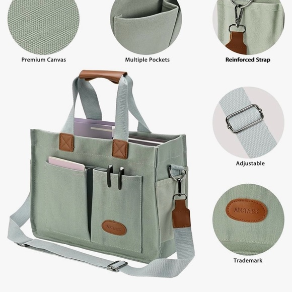 Tote bag, canvas, multi pocket, green, new with tags - Picture 3 of 6